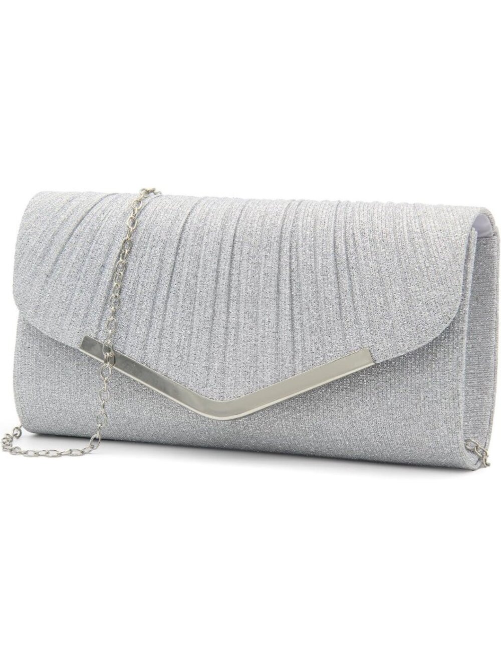 Women's Silver Sparkling Pleated Silver V Trim Envelope Chain Evening Bag Clutch